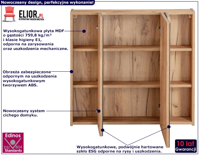 Podwieszana szafka łazienkowa z lustrem – Lunios 5X Dąb, praktyczna funkcjonalność, kolor dąb craft złoty, 80 cm