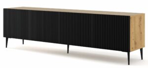 Szafka na TV dąb artisan z czarnym lamelowym frontem – Melis 12X, nowoczesny styl, 200 cm, płyta laminowana, MDF