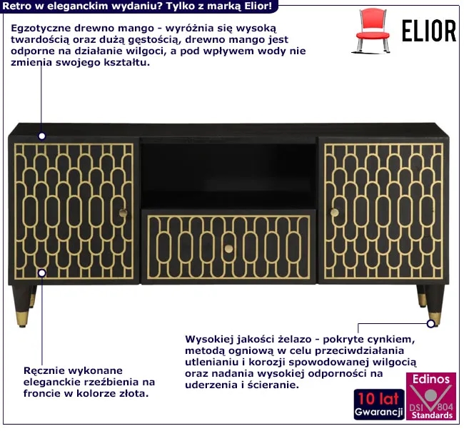 Czarna niska szafka RTV na nóżkach – elegancka konstrukcja, czarny kolor, egzotyczne drewno mango