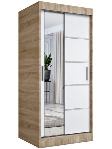 Szafa przesuwna dąb sonoma + biały – Ebia 2X, dwa warianty wnętrza, 90 cm, płyta laminowana
