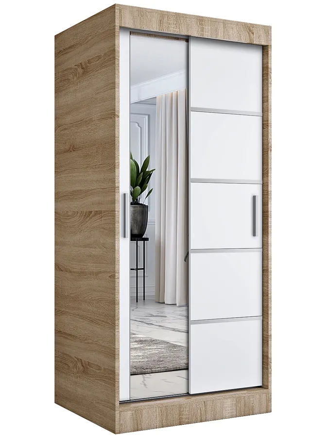 Szafa przesuwna dąb sonoma + biały – Ebia 2X, dwa warianty wnętrza, 90 cm, płyta laminowana