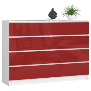 Komoda do sypialni, 8 szuflad, 140x40x99 cm, biel, czerwony, połysk