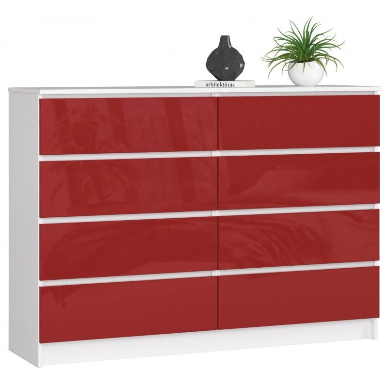 Komoda do sypialni, 8 szuflad, 140x40x99 cm, biel, czerwony, połysk