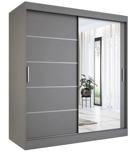 Antracytowa szafa przesuwna 180 cm – Marmos 5X, z dużym lustrem, podwójnym torze, odporna na uszkodzenia
