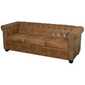 3-osobowa brązowa sofa w stylu Chesterfield – elegancka, wygodna, ekoskóra