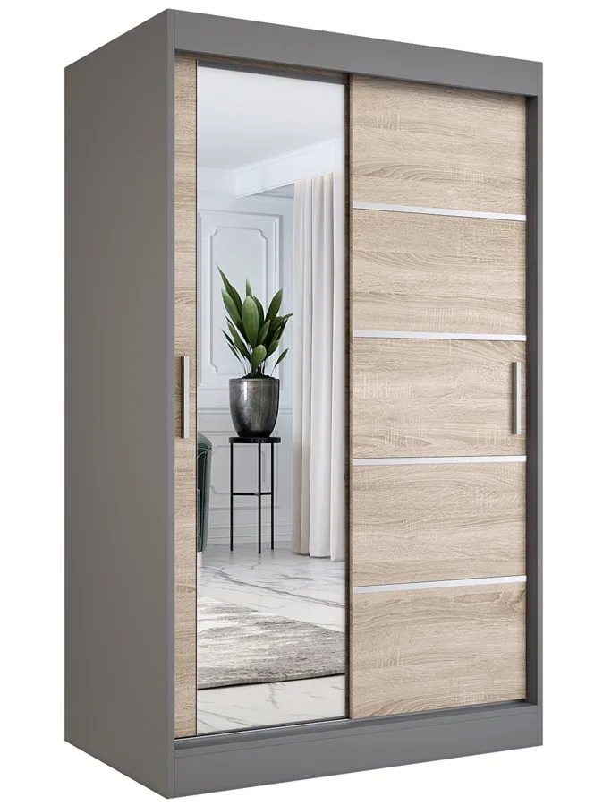 Szafa przesuwna 120 cm Ebia 3X – funkcjonalność, antracyt + dąb sonoma, płyta laminowana