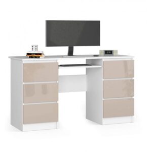 Biurko komputerowe z szufladami – funkcjonalne, eleganckie, białe i cappuccino, 135x50x77 cm, płyta laminowana