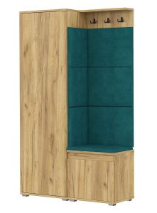 Nowoczesna garderoba do przedpokoju Fazo 4X – szafa, wieszaki, półka, szafka na buty, dąb craft + zieleń butelkowa, materiał: płyta laminowana i velvet