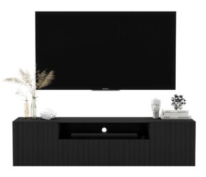 Czarna lamelowa ścienna szafka rtv – Filo 8X, minimalistyczna elegancja, 150 cm, płyta MDF