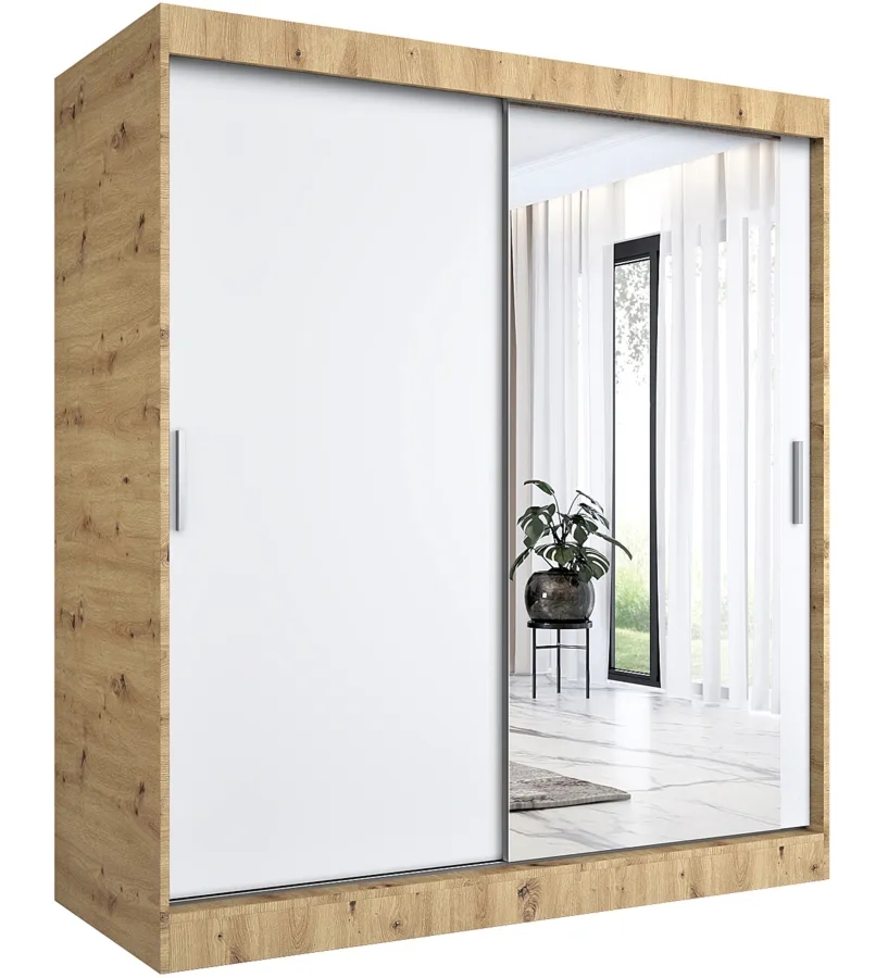 Szafa przesuwna dąb artisan + biały 180 cm – funkcjonalny design, pojemność, minimalistyczny styl