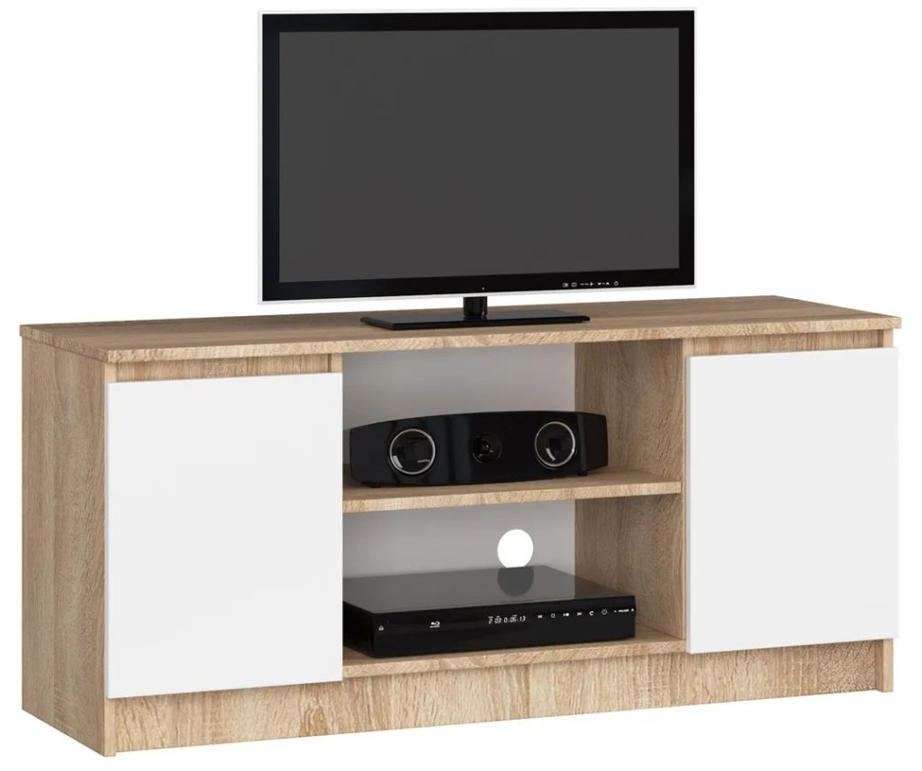 Skandynawska szafka RTV dąb sonoma + biały – Galapi 3X 120 cm, trwała konstrukcja, funkcjonalne półki