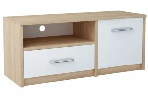 Skandynawska szafka pod telewizor dąb sonoma + biały – Frovoli, profesjonalna płyta MDF, 98x35x42 cm