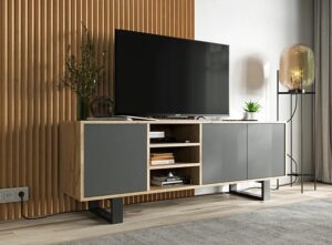 Industrialna szafka rtv dąb wotan + grafit – Avila 6X, minimalistyczna, 150 cm, płyta laminowana