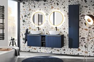 Wisząca szafka z lustrem do łazienki – Osara 7X, 80 cm, granatowy, MDF