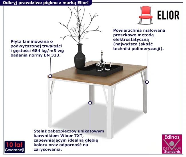 Nowoczesny stolik kawowy biały + dąb lancelot – Dimea 5X, stabilna konstrukcja, niewielkie wymiary