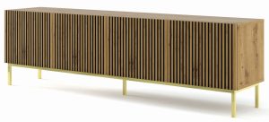 Szafka pod TV z lamelami dąb artisan – Melis 12X, nowoczesny design, 200 cm, płyta laminowana, MDF