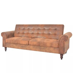 Rozkładana pikowana brązowa sofa – Algero, przestronna, wygodna, ekoskóra