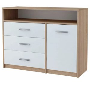 Komoda z szufladami i półkami dąb sonoma + biały – Cermesa 3X, pojemna, minimalistyczny design, trwałość