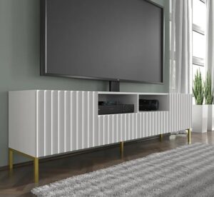 Biała lamelowa szafka pod TV z szufladami – nowoczesna elegancja, biały mat, 200x56x42 cm, płyta laminowana, MDF