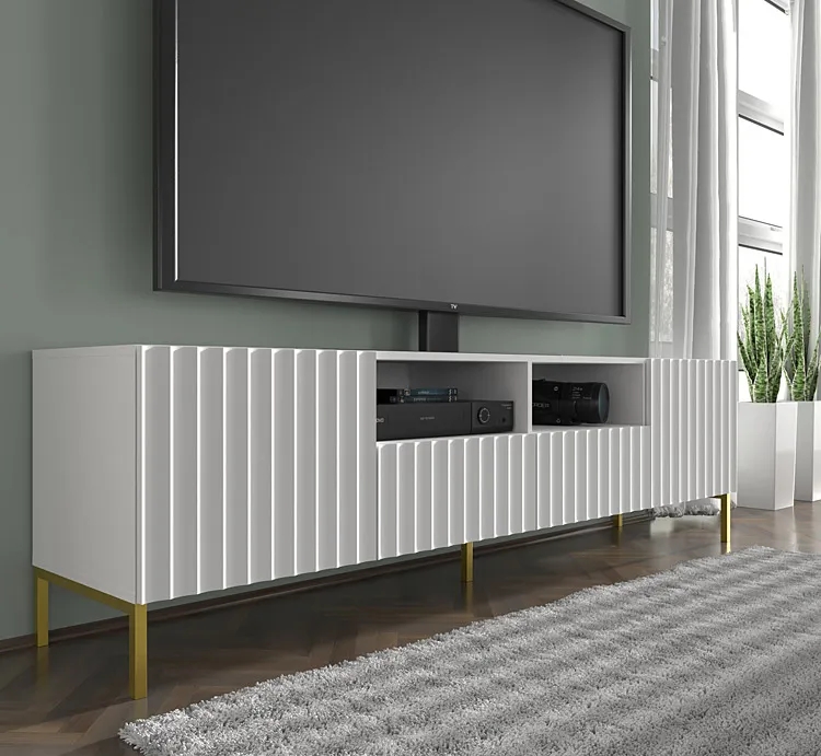 Biała lamelowa szafka pod TV z szufladami – nowoczesna elegancja, biały mat, 200x56x42 cm, płyta laminowana, MDF