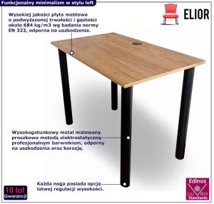 Industrialne biurko z regulowanymi nogami 90×60 dąb craft złoty – Roteso