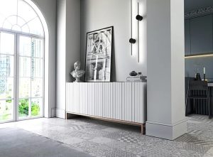 Biała komoda z lamelami – Filo 3X, minimalistyczny design, wysoka jakość, 72 cm wysokości