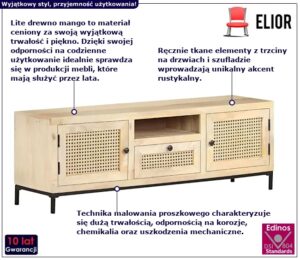 Szafka RTV pod telewizor Lona – rustykalny urok, naturalne drewno mango, stalowa konstrukcja