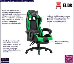 Czarno-zielony fotel gamingowy z podnóżkiem – komfortowy design, wielofunkcyjność, Elior