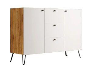 Komoda na metalowych nogach w stylu loft dąb craft + biały – Zorina 3X, 120 cm szerokości, naturalne drewno