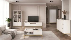 Biała szafka RTV ze złotymi zdobieniami 175 cm – elegancki design, funkcjonalność, materiał płyta wiórowa