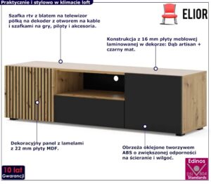 Szafka RTV z lamelowym frontem 150 cm – Aldo 7X, dąb artisan, czarny mat, laminowana płyta MDF