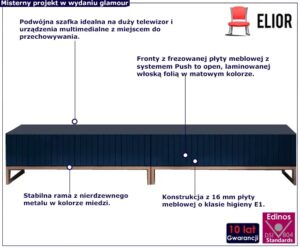 Komplet 2 szt granatowych szafek RTV z lamelami – Filo 10X, trwała konstrukcja, bezuchwytowy system, metalowa rama