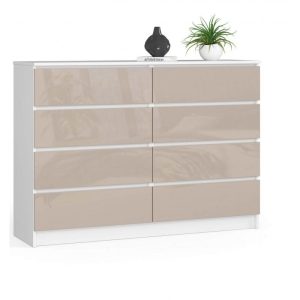 Komoda do sypialni, 8 szuflad, 140x40x99 cm, biel, cappuccino, połysk