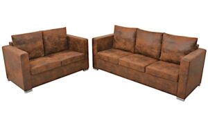 2-częściowy zestaw wypoczynkowy Lemis – styl vintage, brązowy, ekoskóra, drewniana rama