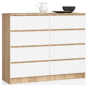 Komoda z szufladami dąb sonoma + biały – Andre 3X, nowoczesny design, 8 szuflad, wysoka jakość