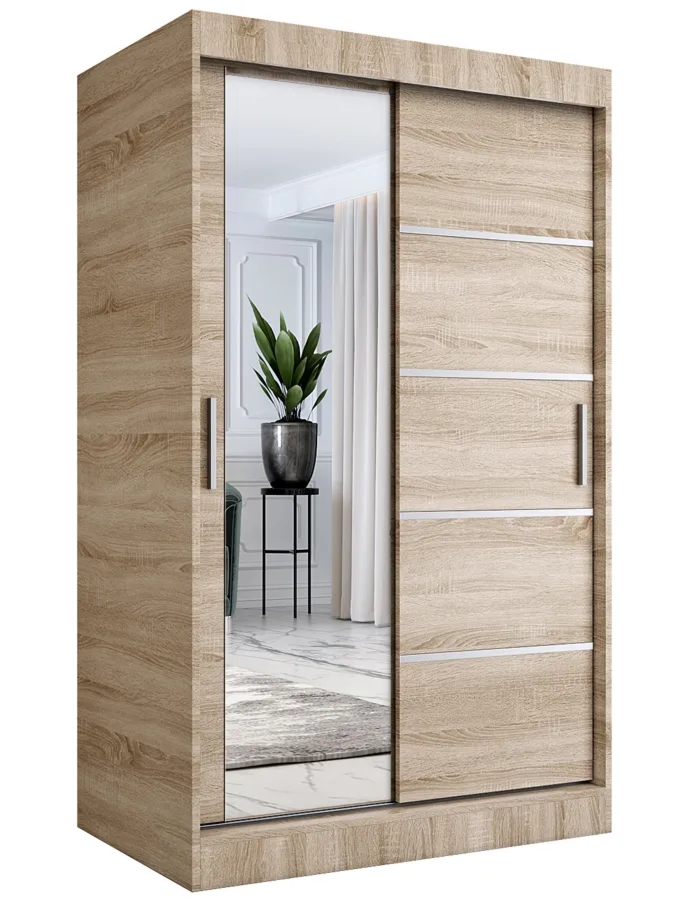 Szafa przesuwna 120 cm dąb sonoma – Ebia 3X, z regulowanym wnętrzem, lustro