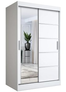 Biała szafa przesuwna z lustrem 120 cm – Ebia 3X, funkcjonalna, z regulowanym wnętrzem, materiał laminowany