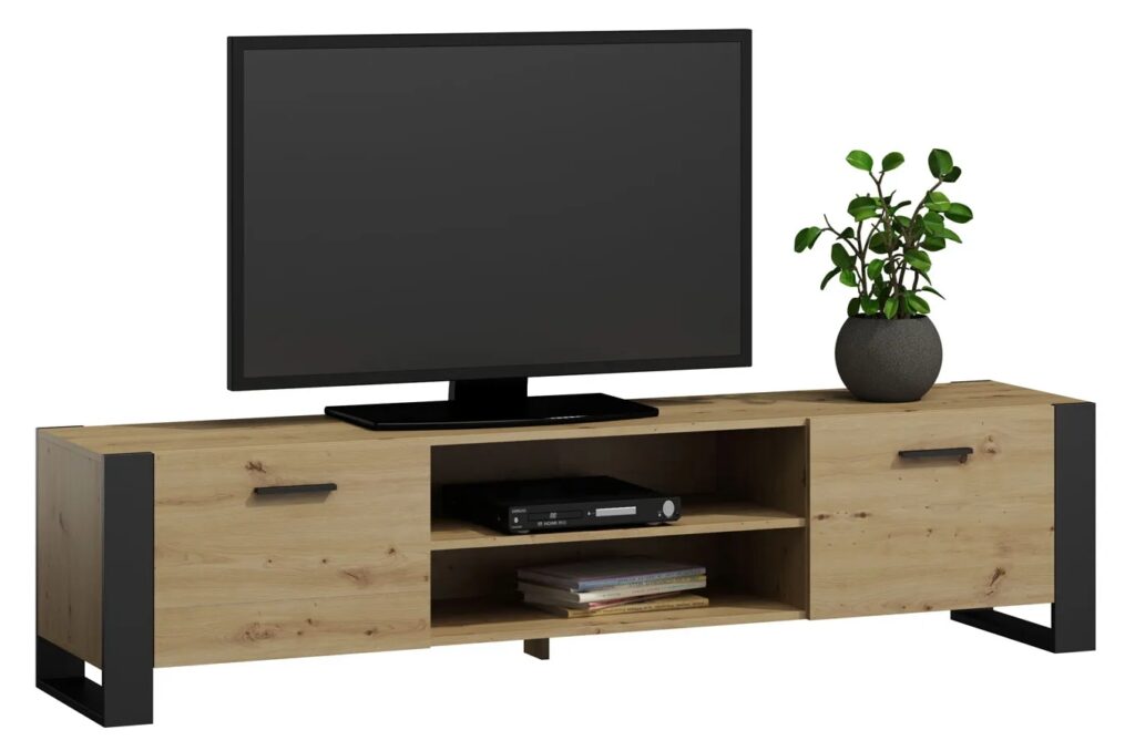 Nowoczesna szafka RTV dąb artisan 185 cm – Sonea, minimalistyczny design, 2 szafki, płyta laminowana