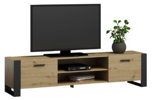 Nowoczesna szafka RTV dąb artisan 185 cm – Sonea, minimalistyczny design, 2 szafki, płyta laminowana