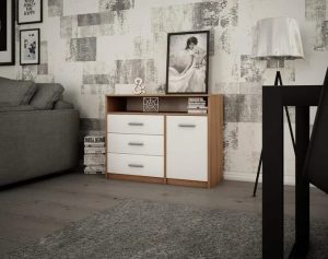 Komoda do salonu z szufladami i półkami dąb sonoma + biały – Nemeso 4X, nowoczesny design, trwały materiał