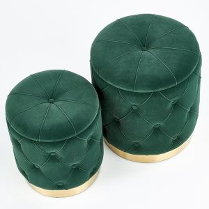 Zestaw 2 puf okrągłych ze schowkiem tapicerowanych zielonych Polly – komfort, funkcjonalność, stylowy design