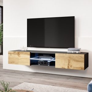 Szafka RTV wisząca czarna / dąb wotan mat 180 cm Vidago Glass – elegancki design, nowoczesny styl, funkcjonalność