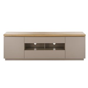 Szafka RTV beżowoszara – drewno akacjowe, matowa, 173 cm, nowoczesny design