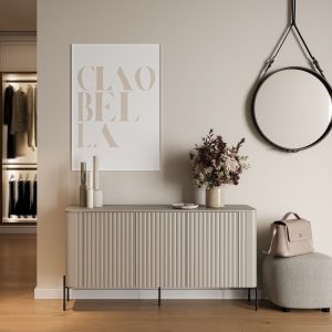Komoda z drzwiami kaszmir mat 150 cm Aria – elegancka, praktyczna, wykończona w matowym kolorze kaszmiru