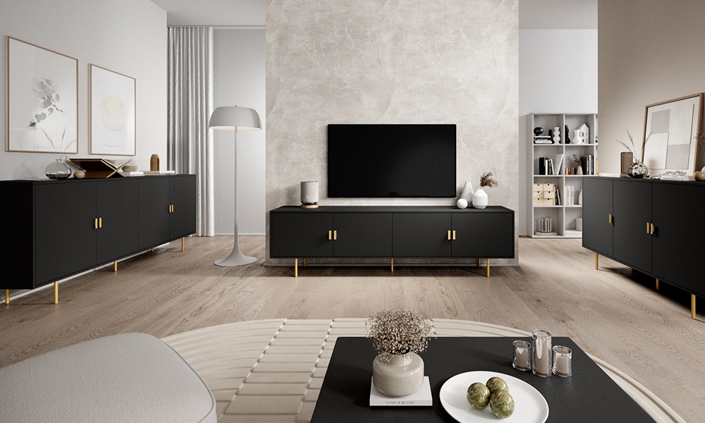 Komoda z drzwiami czarna mat 150 cm Adoro – elegancki design, funkcjonalność, pojemność
