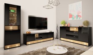 Komoda z szufladami czarna / dąb wotan mat / wysoki połysk 160 cm – elegancki design, funkcjonalność, trwałe materiały