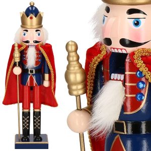 Dziadek do orzechów 38 cm z peleryną, ozdoba świąteczna, figurka drewniany żołnierzyk granatowo-czerwony