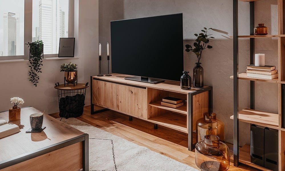 Szafka RTV dąb / antracyt mat 160 cm Denver – elegancki design, pojemne schowki, nowoczesne materiały