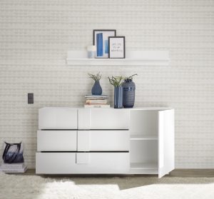 Komoda z szufladami i drzwiami biała wysoki połysk 182 cm Sorelle – elegancki design, funkcjonalność, nowoczesny styl