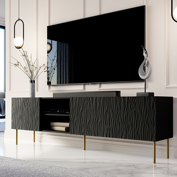 Szafka RTV z frezowanym frontem czarna mat 190 cm Fiori – elegancki design, funkcjonalność, wysoka jakość